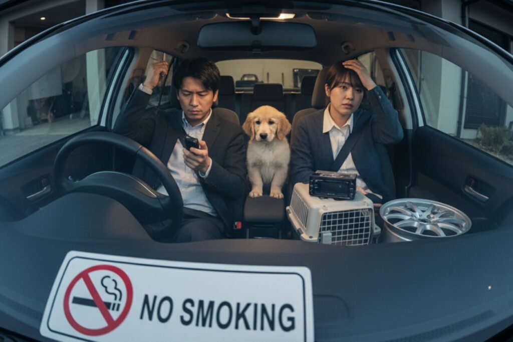 車のフロントガラス越しに、車内で困惑した様子の男女と子犬が写っている。フロントガラスには禁煙を示す「NO SMOKING」のサインが貼られている。