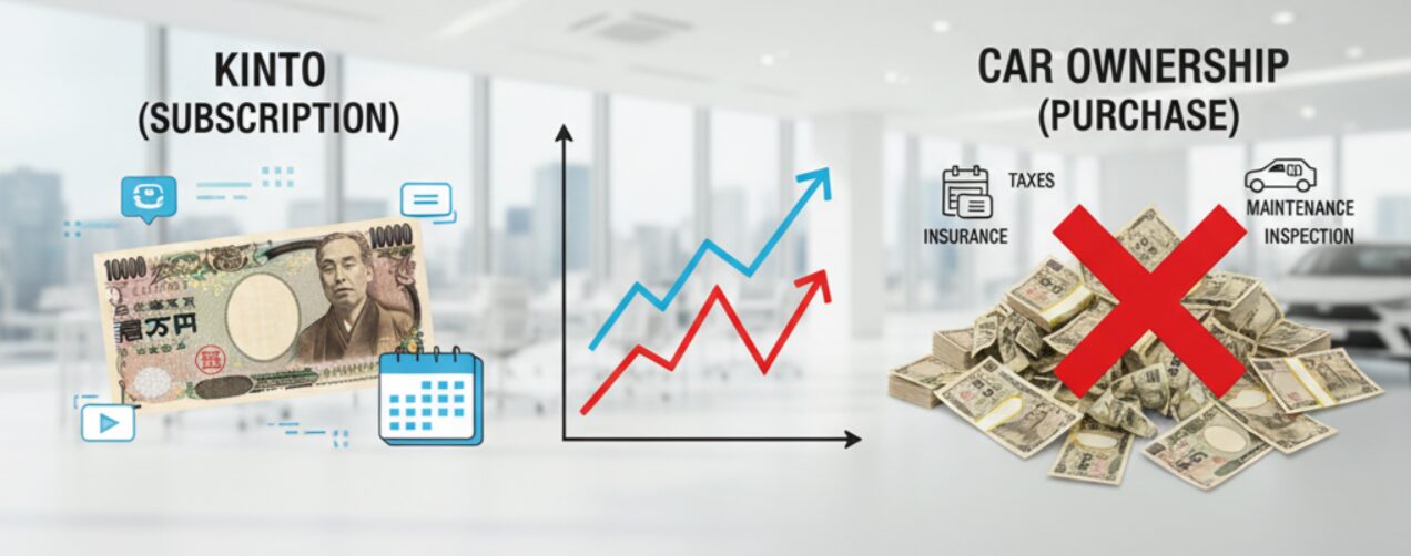 KINTOのサブスクリプションと車の購入費用の比較を示すインフォグラフィック。KINTO側は定額料金を、購入側は税金、保険、メンテナンスといった多様な費用を表している。