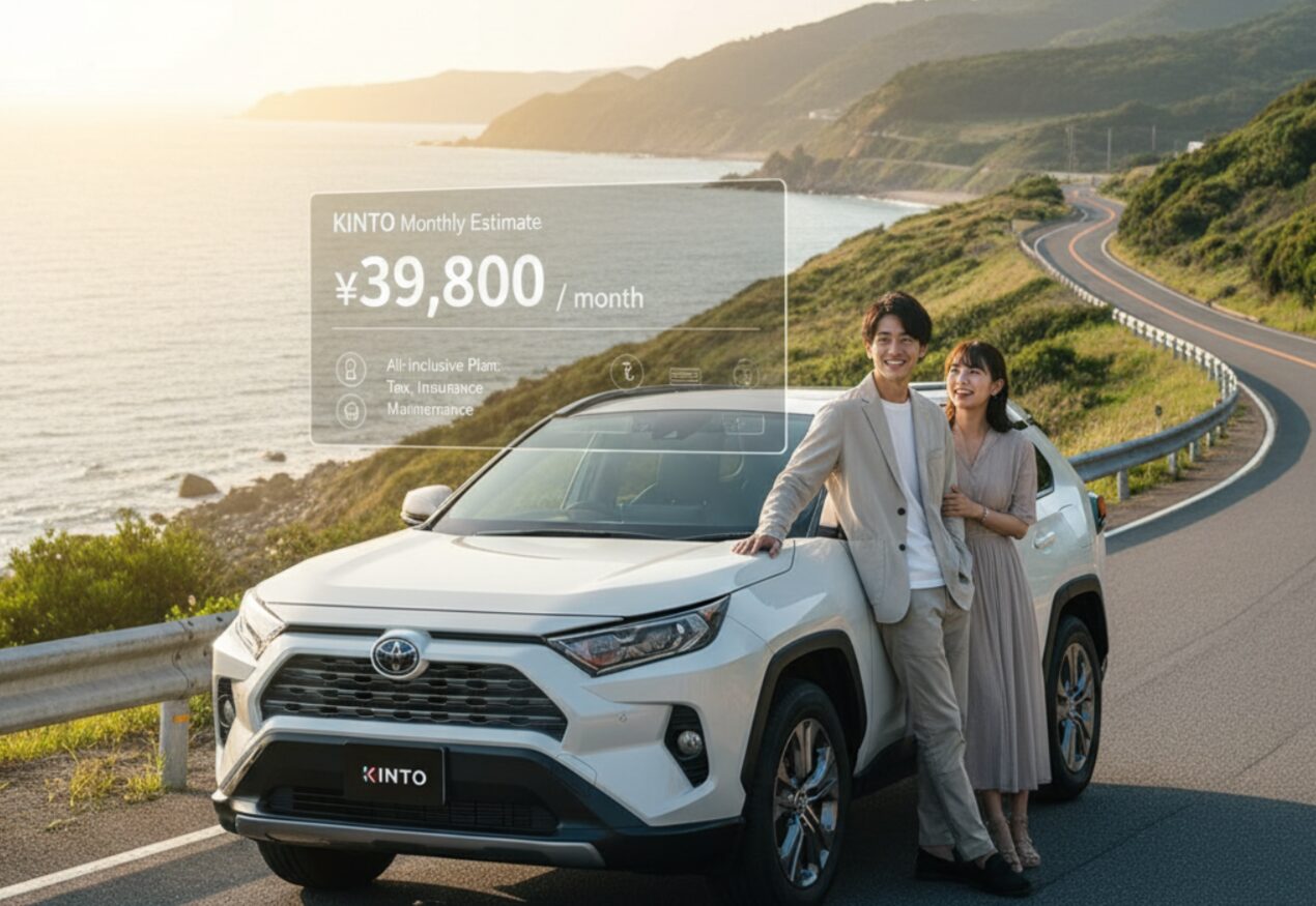 海沿いの道を背景に、KINTOの見積もり画面がオーバーレイされた白いSUVの車の横に立つ若い夫婦。