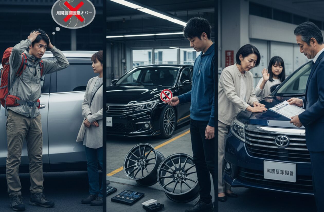 KINTOのデメリットを表す3つの場面。走行距離オーバーで困る男性、車のカスタマイズを禁止され不満げな男性、契約満了で車を返却する家族。