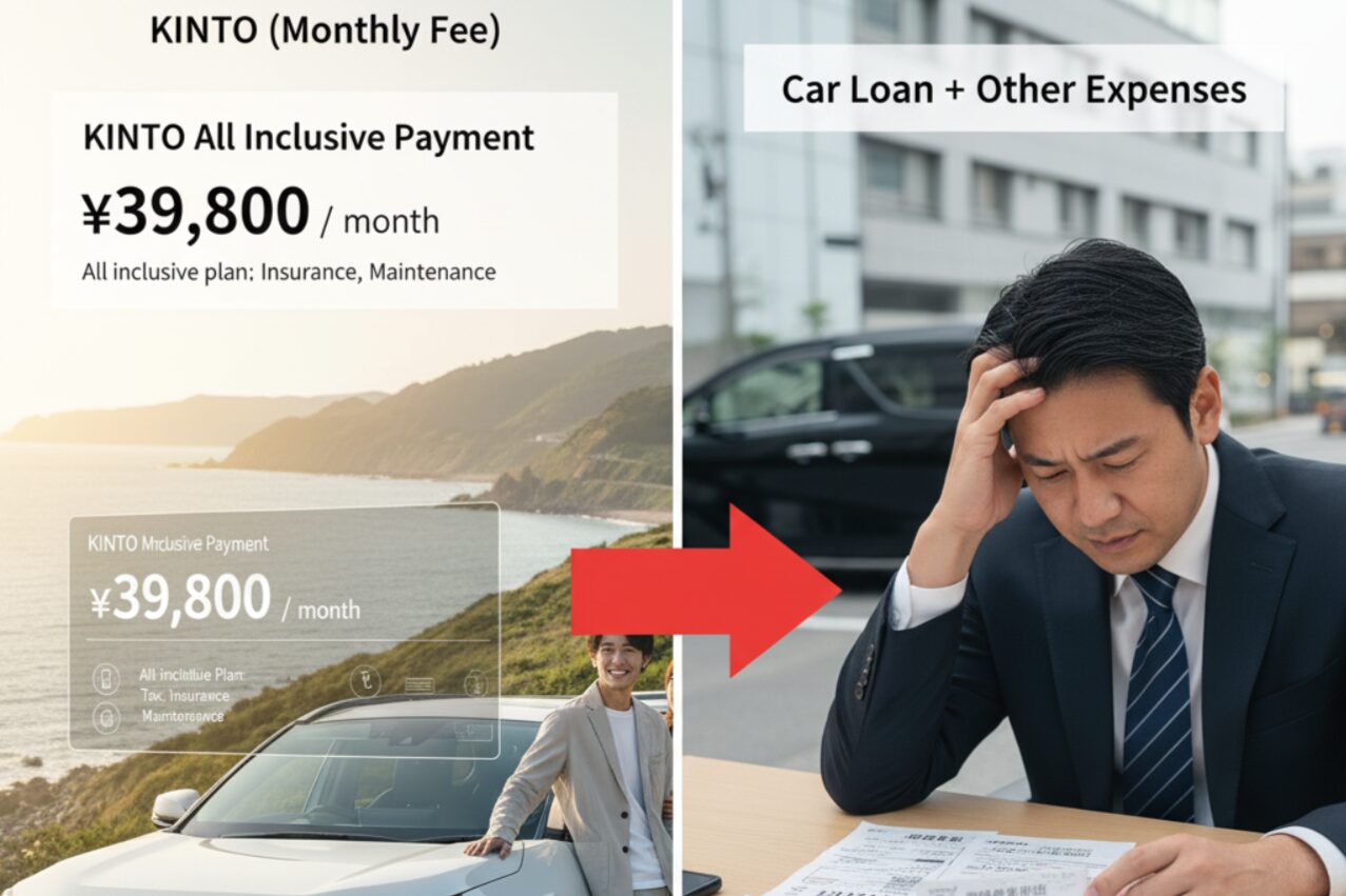 KINTOの定額制で安心している男性と、車のローンや維持費で頭を抱える男性を対比させた画像。
