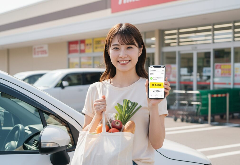 タイムズカーシェアの車両とスーパーマーケットを背景に、買い物のエコバッグを持ち、スマートフォンで利用料金を確認している笑顔の日本人女性。