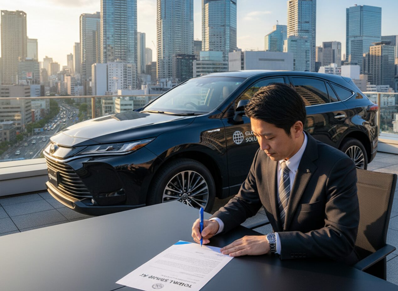 日本のビジネスマンがKINTOの法人契約で導入されたトヨタハリアーの社用車から降りて、オフィスビルに向かっている。会社のロゴが建物にあり、プロフェッショナルなビジネスシーンが描かれている。