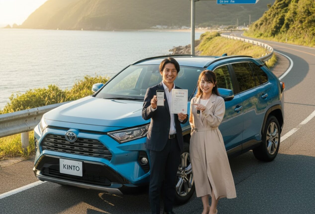 海沿いの道を背景に、KINTOの車と車の鍵、「ご契約内容証明書」を持つ男女が笑顔で立っている。
