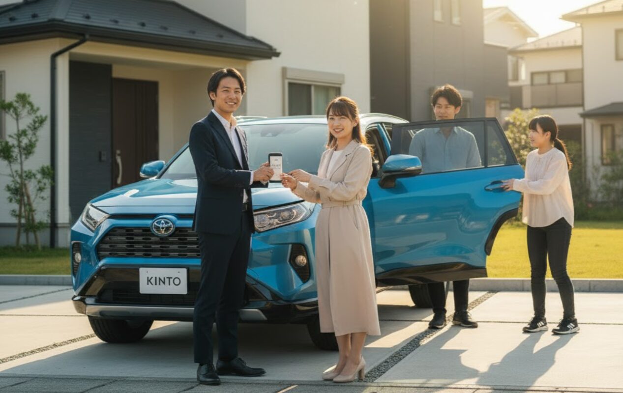 自宅の駐車場でKINTOの車の鍵を家族間で受け渡しており、幅広い年代の家族が車を共有して利用できる様子。