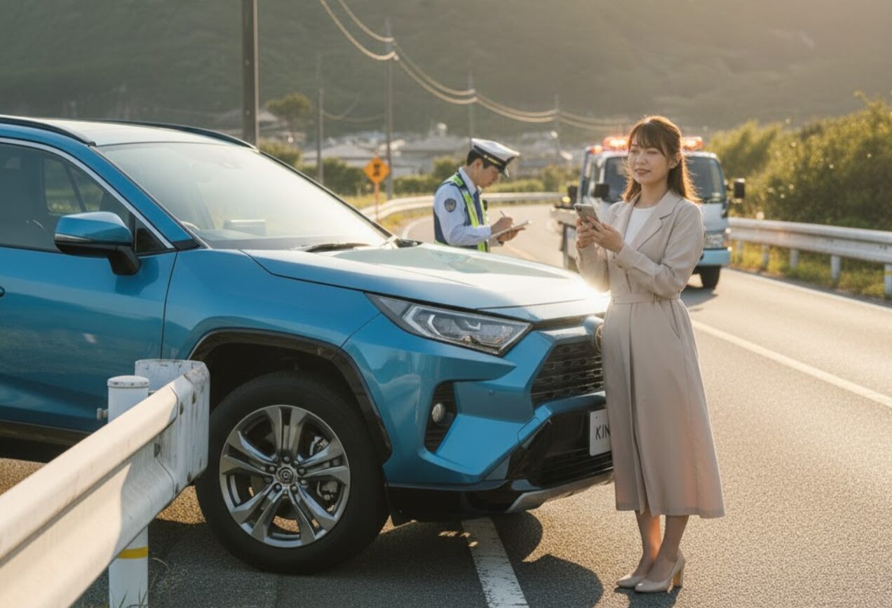 事故を起こしたKINTOの車の横で、スマートフォンを操作し落ち着いた表情で連絡を取る女性。後ろでは警察官が対応している。