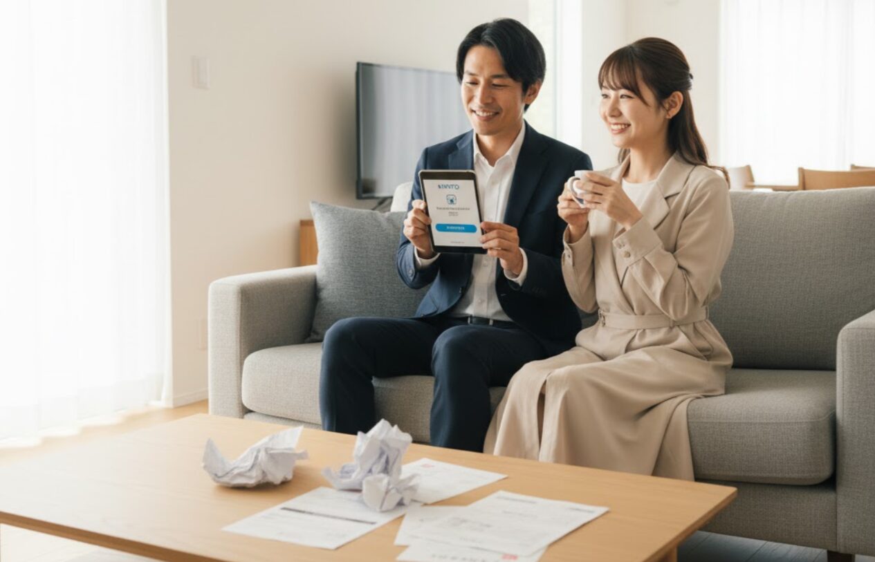 リビングのソファでタブレットを使いKINTOの契約内容を確認している夫婦。テーブルには揉みくちゃにされた保険のパンフレットが散乱している。