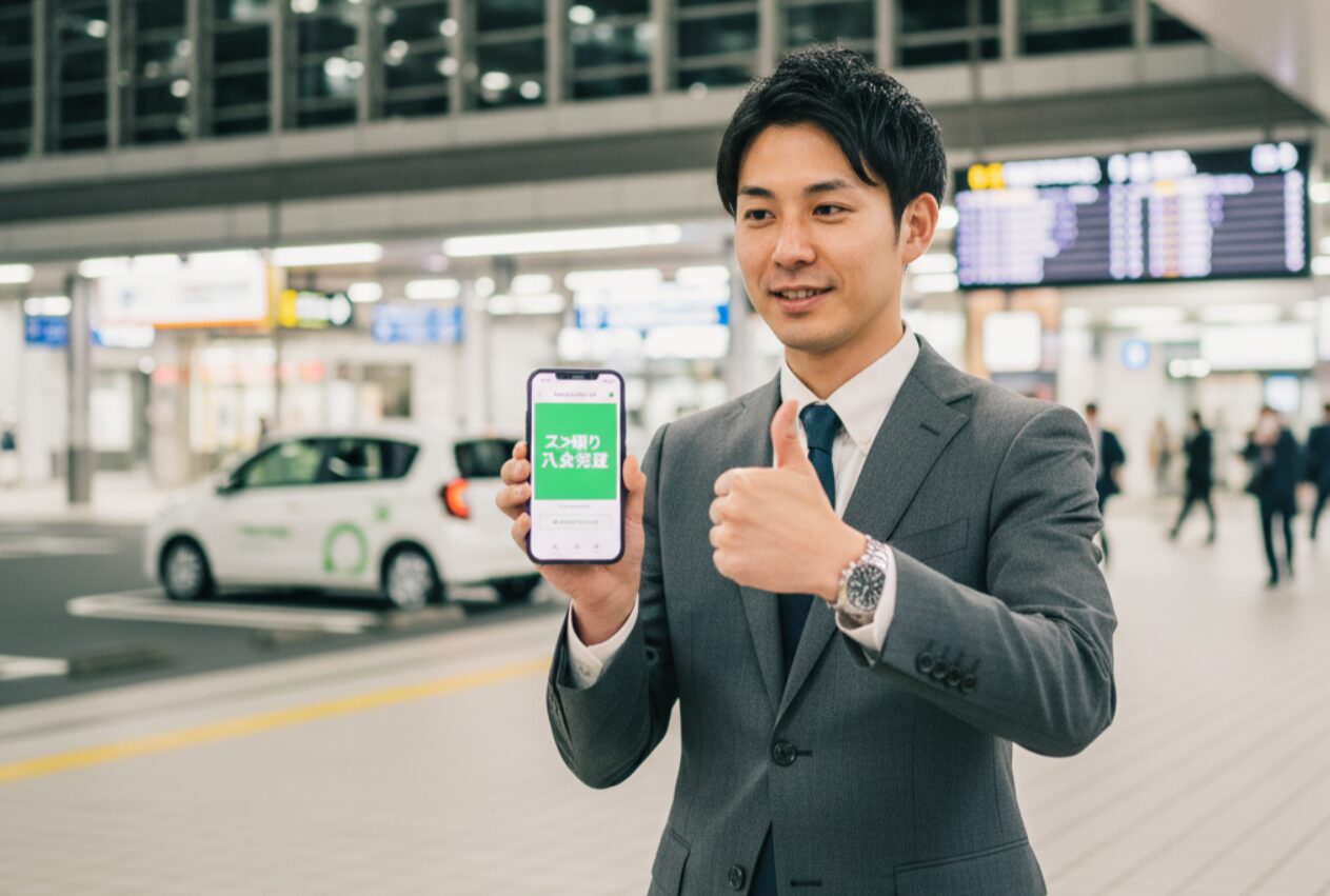 タイムズカーシェアのロゴがある駅の構内で、スマートフォンで「スグ乗り入会完了」画面を見せ、親指を立てているスーツ姿の日本人男性。