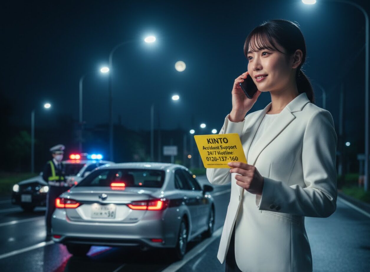 夜間の事故現場で、KINTOの緊急連絡先が記載されたカード(イエローカード)を持って、落ち着いて電話で連絡している女性。