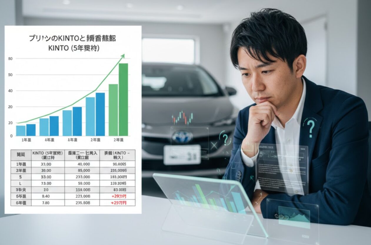 プリウスのKINTOと現金購入の費用総額を比較するグラフと、費用について思案する日本人男性