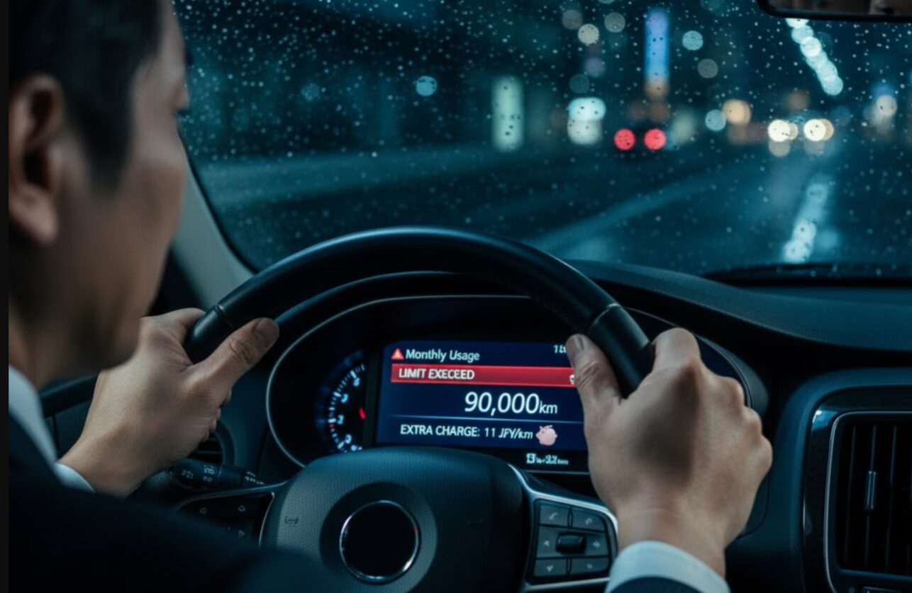 走行距離が伸びて上限に近づく車のメーターパネルと運転する手のクローズアップ