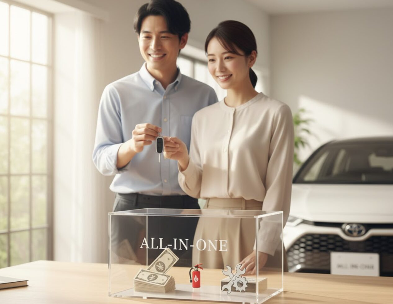 自動車税、保険、車検費用の書類や道具がひとつの箱にまとめられた「オールインワン」のイメージ