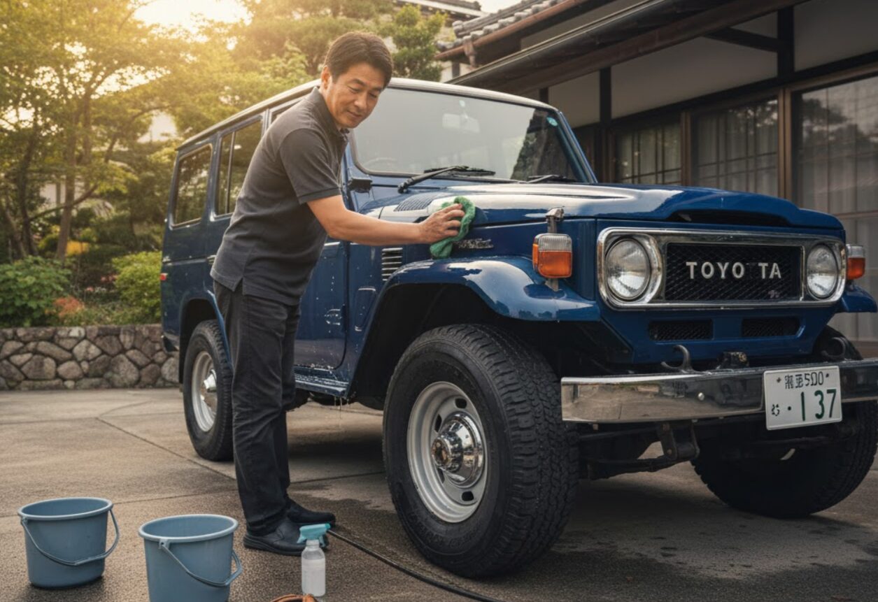 大切に手入れされ、長く乗り続けられている愛車を洗車する日本人男性の様子