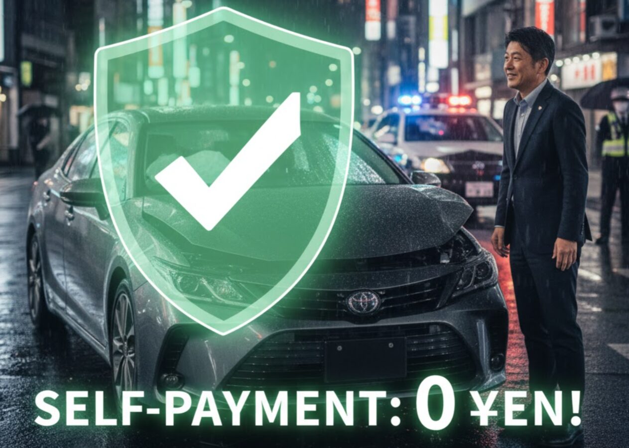 事故後の車に緑色の安心のシールドマークが重ねられ、費用負担がないことに安堵する人