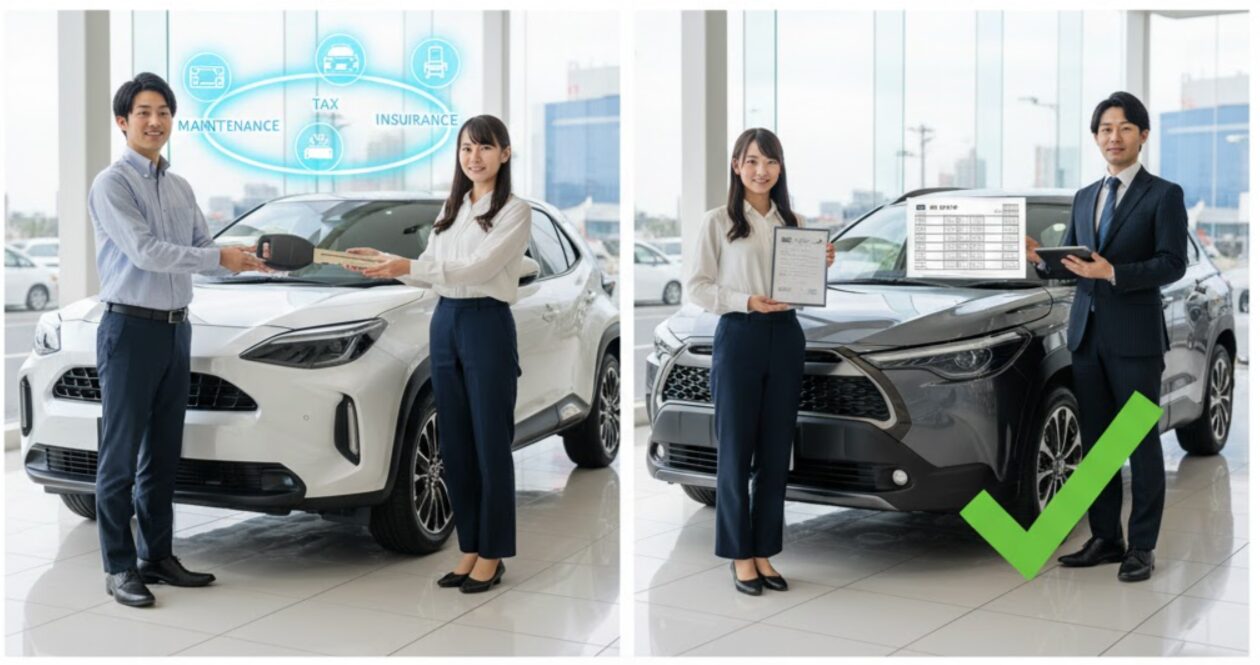 KINTO(リース契約)と残価設定クレジット(ローン契約)の根本的な違いを比較する日本人男女。KINTO側では男性が女性に車の鍵を渡しており、残クレ側では男性が車の所有権に関する書類を提示している。