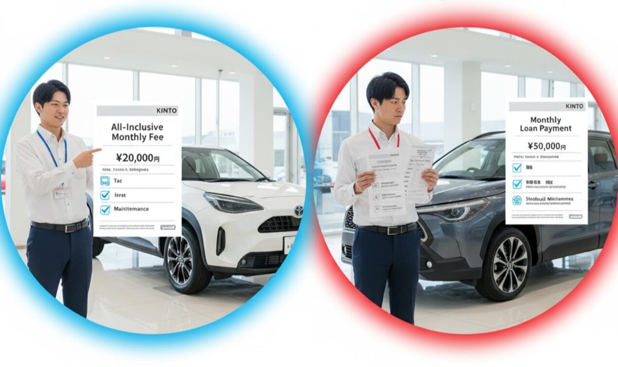 KINTOと残価設定クレジット(残クレ)で月額料金に含まれる費用範囲の違いを説明する日本人男性。KINTO側では全て含まれるイメージ、残クレ側では別途費用がかかるイメージで表示されている。