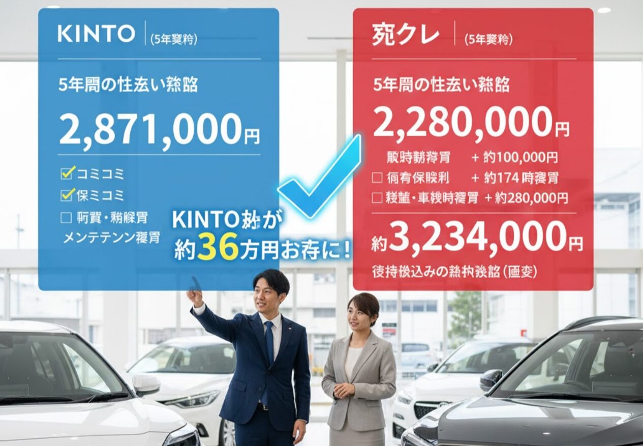 KINTOと残価設定クレジット(残クレ)の5年間の総支払額を比較する日本人男女。男性がKINTOの費用を表示し、女性が残クレの費用を表示している。KINTOの方が費用が安いことを示すテキストも表示されている。