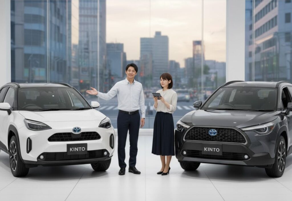 KINTOと残価設定クレジット(残クレ)を比較する若い日本人夫婦が、白い車と黒い車の間に立っている。