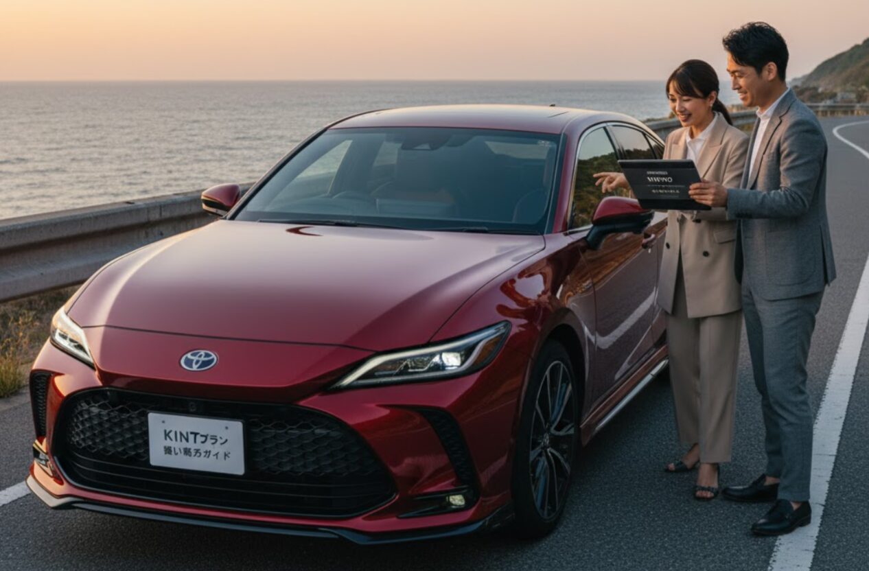 海沿いの道で赤いトヨタクラウンスポーツの横に立ち、タブレットでKINTOの契約内容について話し合っている日本人カップル。