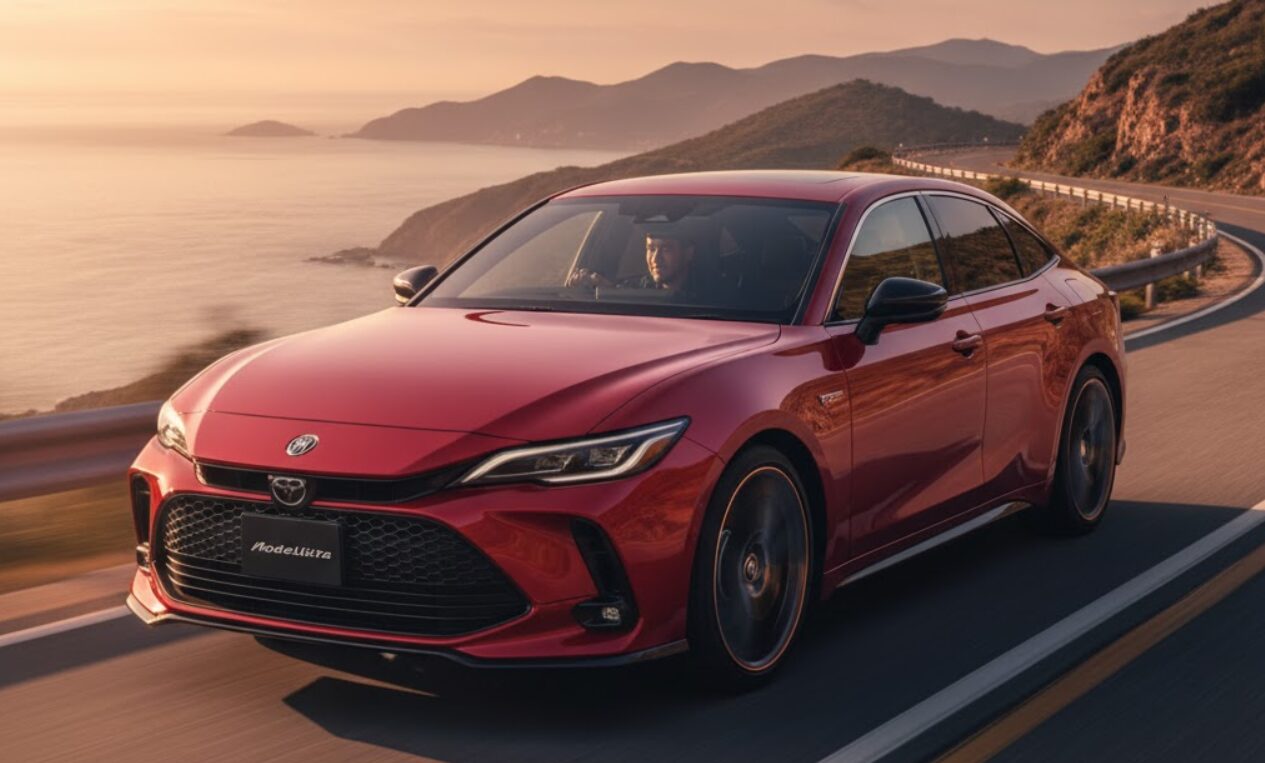 夕暮れ時に海岸沿いのワインディングロードを走行している赤いトヨタクラウンスポーツ。運転席には日本人のドライバーが写っている。