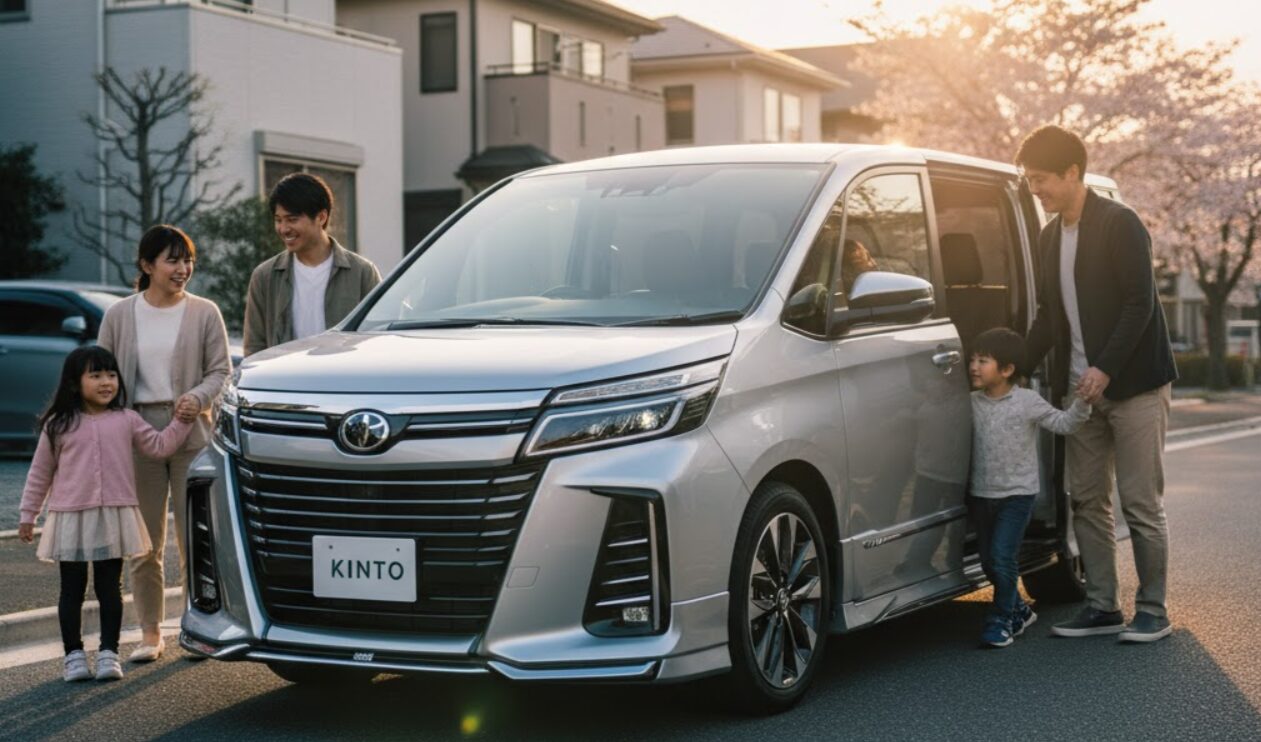 桜が咲く夕暮れの住宅街で、新型トヨタヴォクシーの隣に立つ笑顔の日本人家族。両親と2人の子供が車を取り囲み、父親が助手席ドアを開けて子供を迎え入れている。