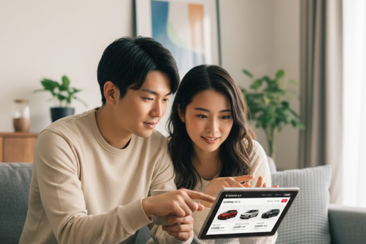 若い夫婦がタブレットを使い、自宅のリビングでトヨタのKINTO(キント)のウェブサイトを閲覧している様子。ウェブサイトには様々なトヨタ車のモデルと、月額料金が表示されており、二人は興味深そうに画面を眺めている。