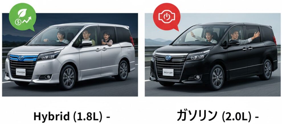キントのヴォクシー「ハイブリッド車」と「ガソリン車」の違いを比較する画像。シルバーのハイブリッド車には家族が乗り、燃費の良さを示すアイコンが付いている。黒のガソリン車にも家族が乗り、力強い走りを表すアイコンが付いている。