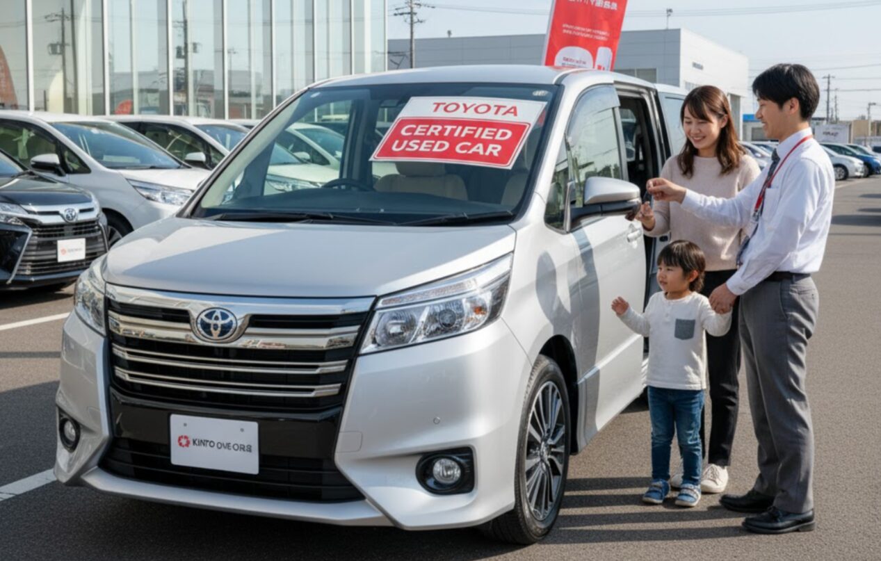 「TOYOTA CERTIFIED USED CAR」の表示があるシルバーのトヨタヴォクシーの横で、営業担当者が日本人女性と子供に車の鍵を渡している。背景にはトヨタのディーラーと他の車両が並んでいる。