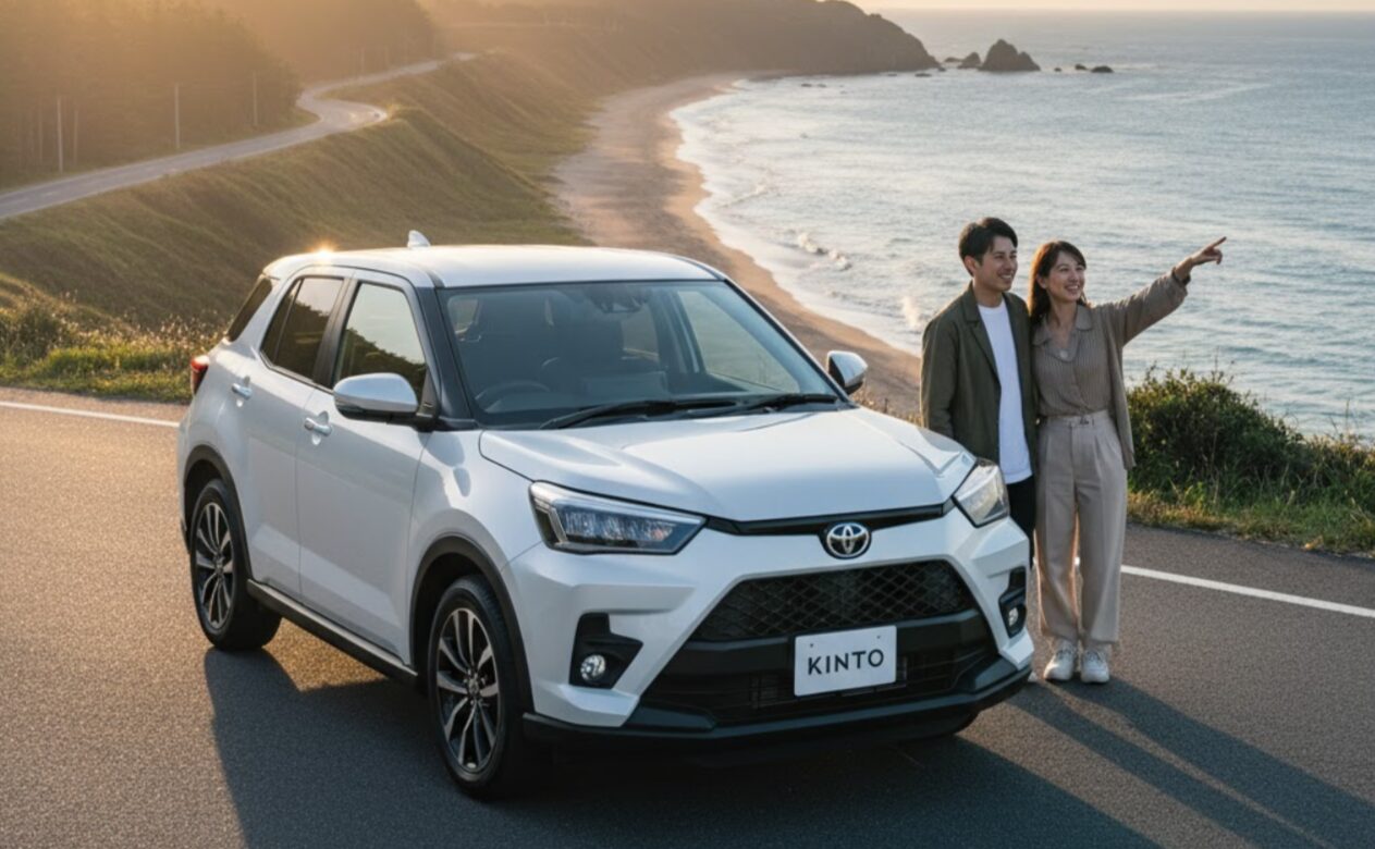 雄大な海岸線を背景に、白いトヨタ ライズの隣に立つ日本の若いカップル。男性は穏やかに微笑み、女性は指をさして遠くの景色を示している。
