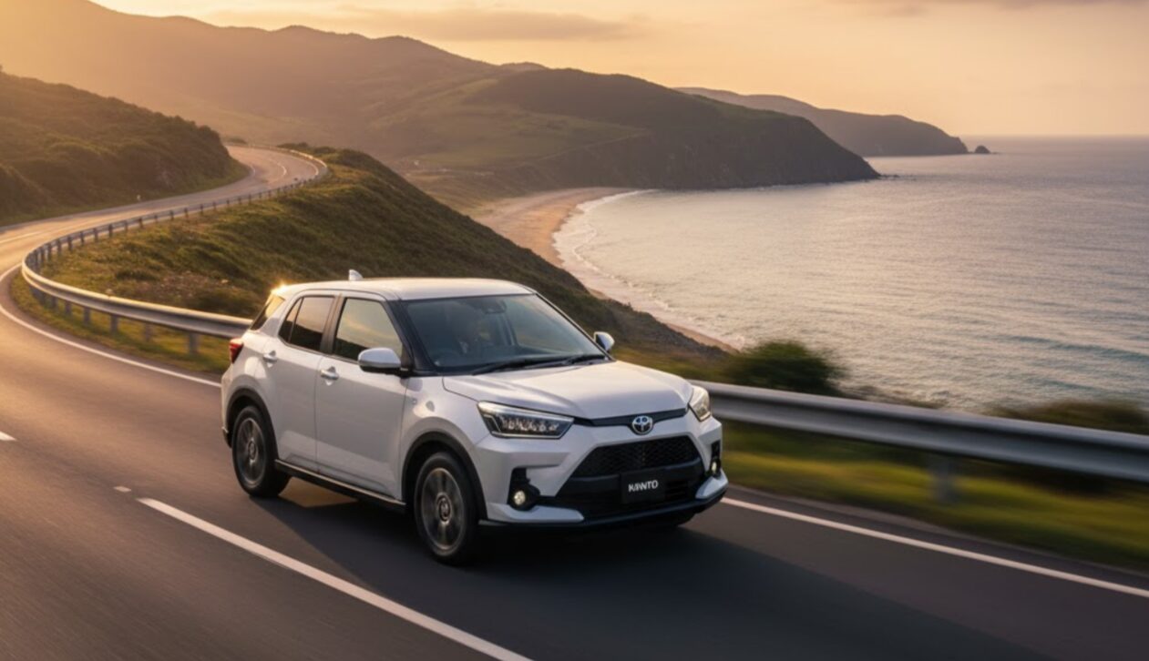 夕暮れ時の美しい海岸沿いの道を走る白いトヨタ ライズ ハイブリッド。穏やかな夕日が海と山々を照らしている。