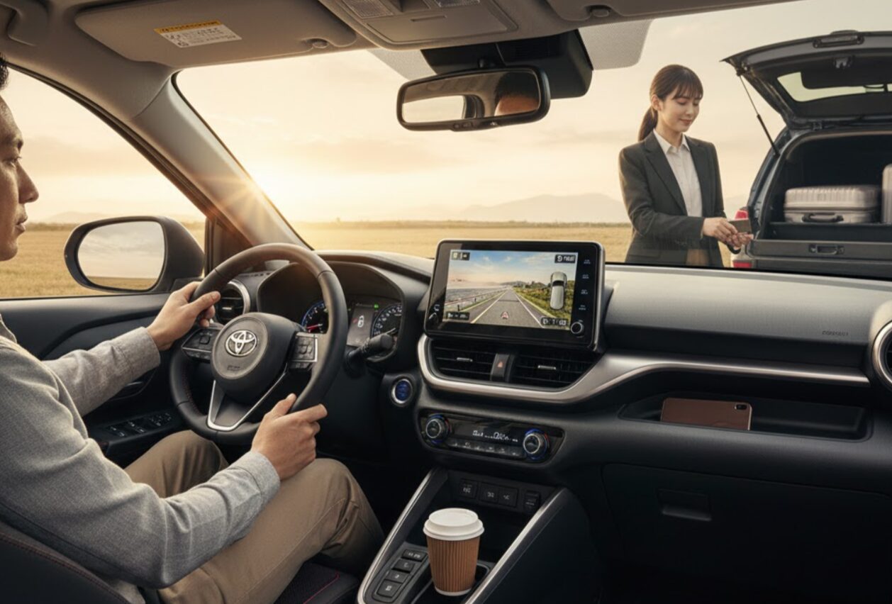 トヨタ ライズの運転席からの眺め。日本の男性がハンドルを握り、ダッシュボードのディスプレイにはナビゲーションが表示されている。外には女性が荷物をトランクに積んでいる。