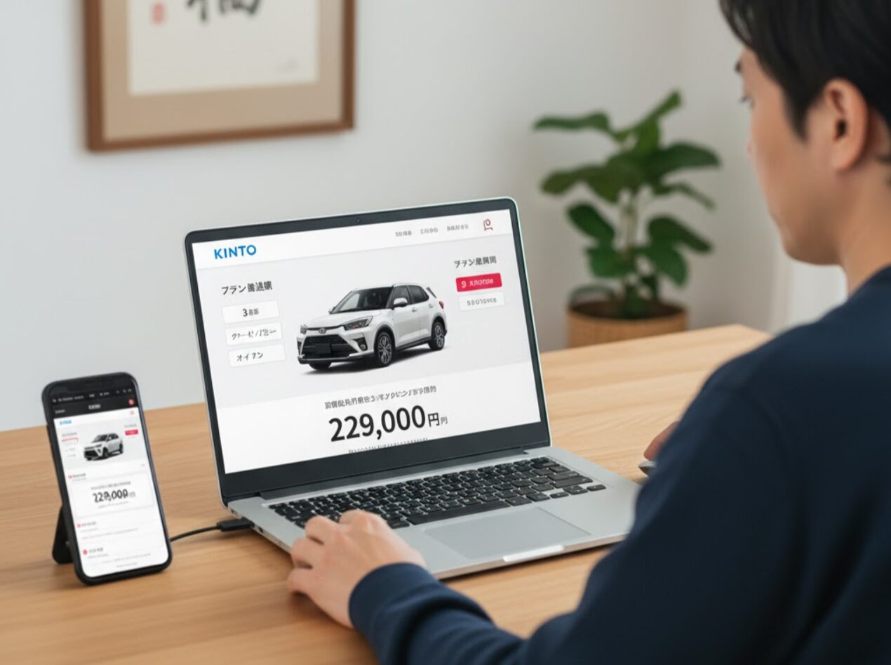 自宅のテーブルでノートパソコンとスマートフォンを使ってKINTOの見積もりシミュレーションを行う日本の男性。画面にはトヨタ ライズの料金プランが表示されている。