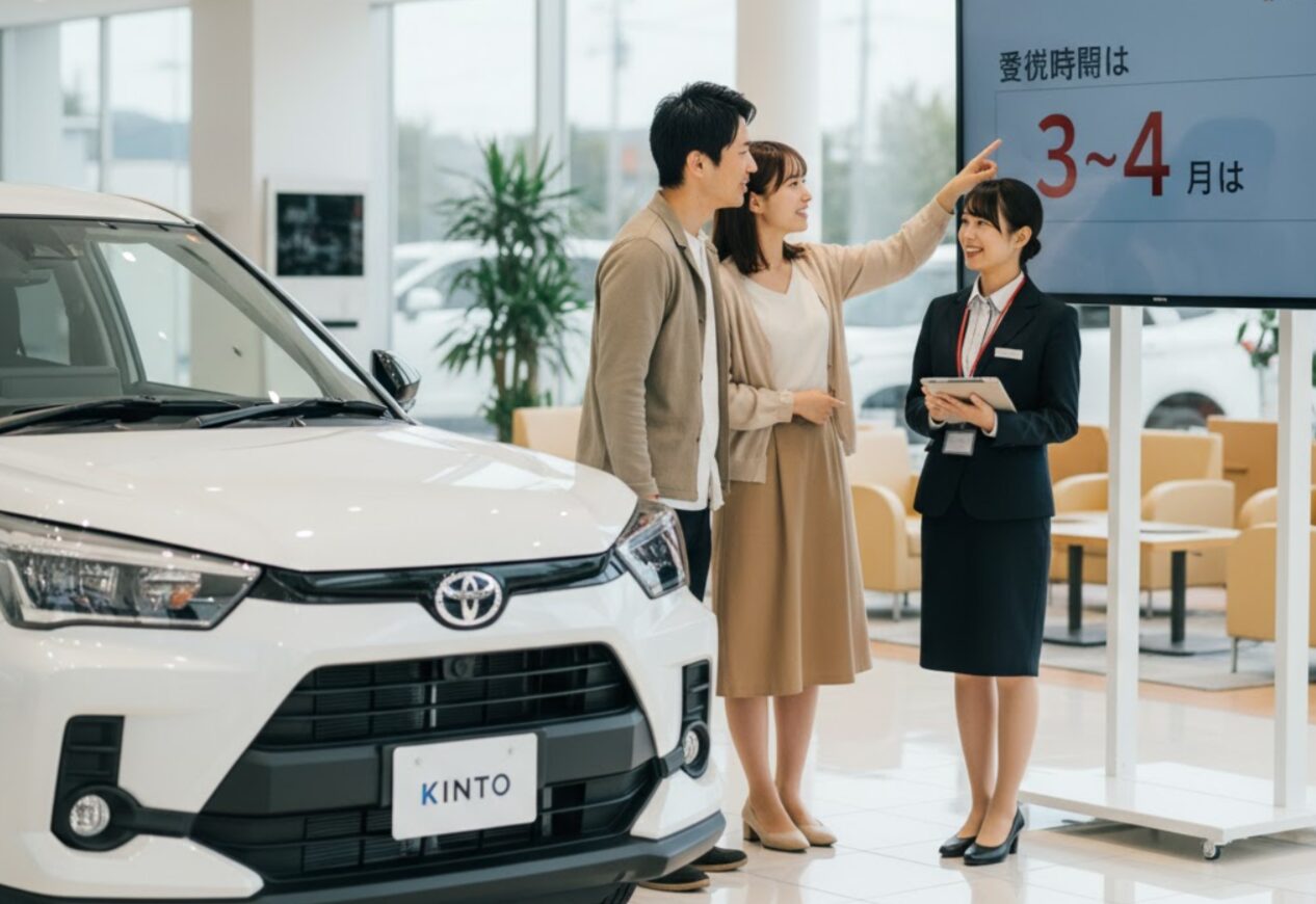 トヨタ販売店で白いライズを見ながら、納期について女性スタッフから説明を受ける日本のカップル。ディスプレイには「愛焼時間は3〜4月は」と表示されている。