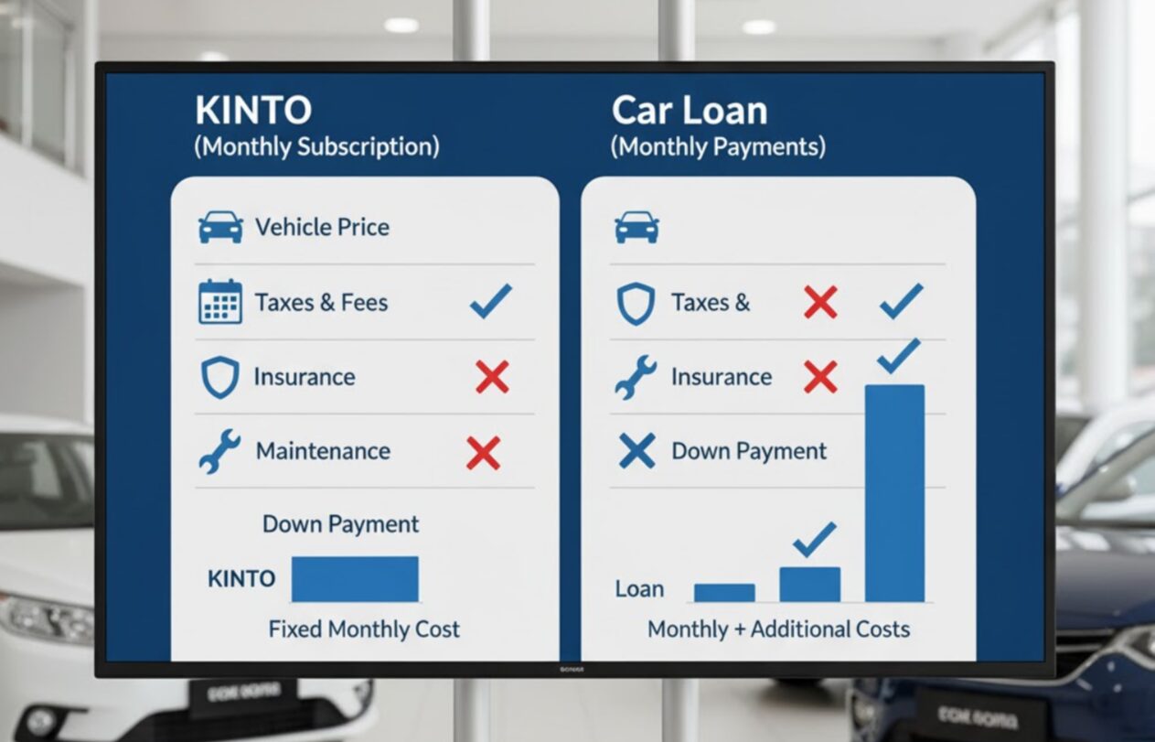 自動車ディーラーのショールームにある大型ディスプレイに表示された、KINTOと自動車ローンの費用比較表。KINTOは固定月額費用で全て込み、ローンは別途費用がかかることを示している。