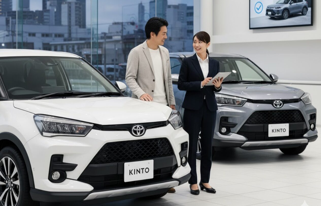 トヨタ販売店で、新しい白いライズの隣で笑顔の男性と話す日本人女性スタッフ。遠くにはグレーのライズが展示されており、契約終了後の手続きについて説明している。