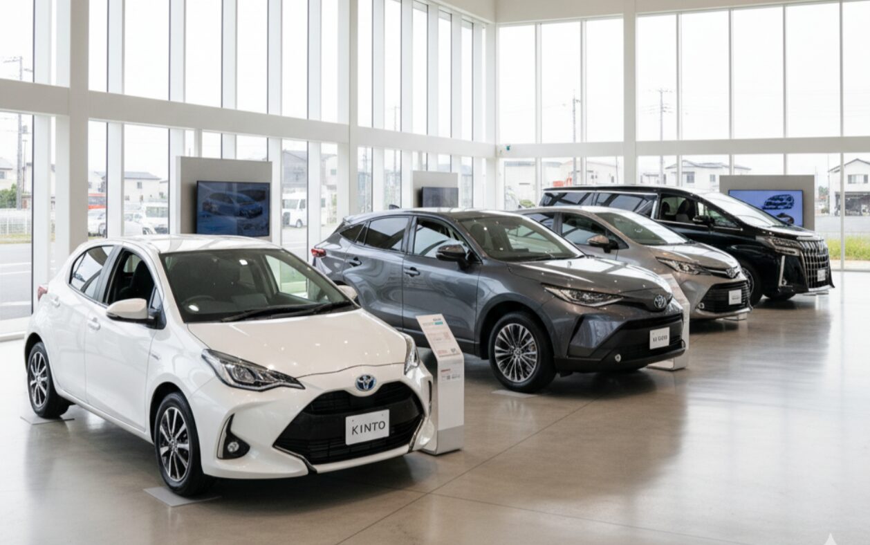 広々としたショールームに展示された複数のトヨタ車。コンパクトカーからSUV、ミニバンまで様々な車種が並び、日本の多様なライフスタイルに対応するKINTOの豊富なラインナップを示している。清潔感のある明るい空間で、最新モデルが際立つように配置されている。