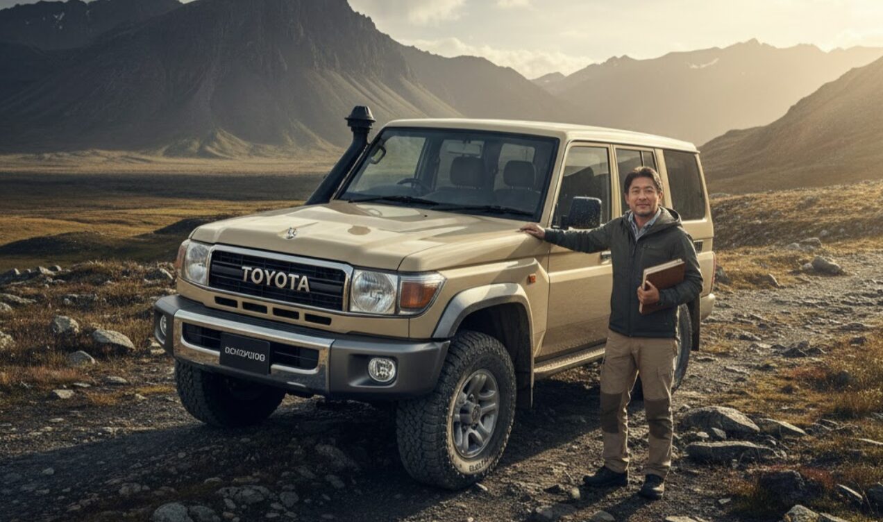 ランドクルーザー70の横に立つ日本人男性が、雄大な自然の中で自信に満ちた笑顔を見せている。車の堅牢さが際立つ構図。