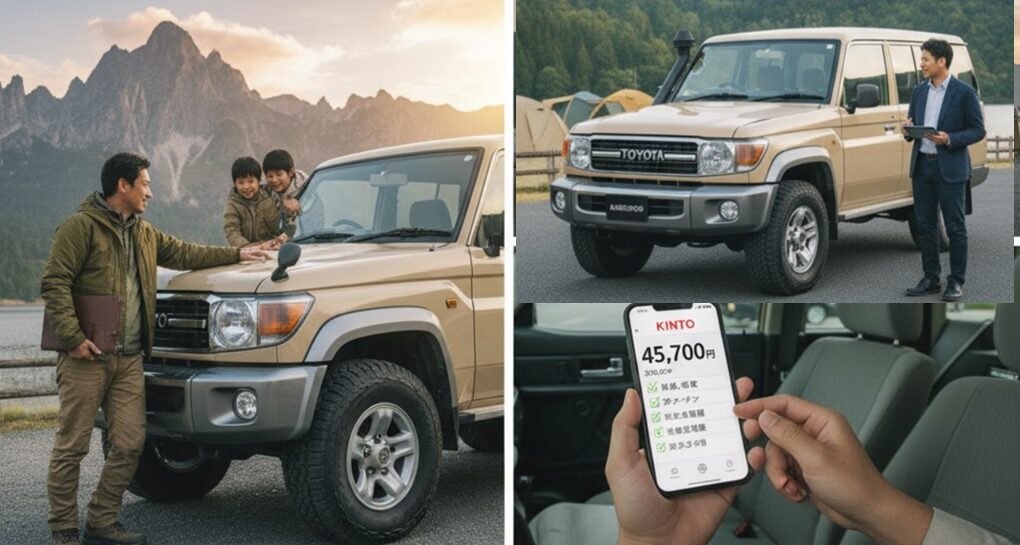 ランドクルーザー70のKINTO契約における2年以上の長い納期について、日本の家族が車を眺めているイラスト。