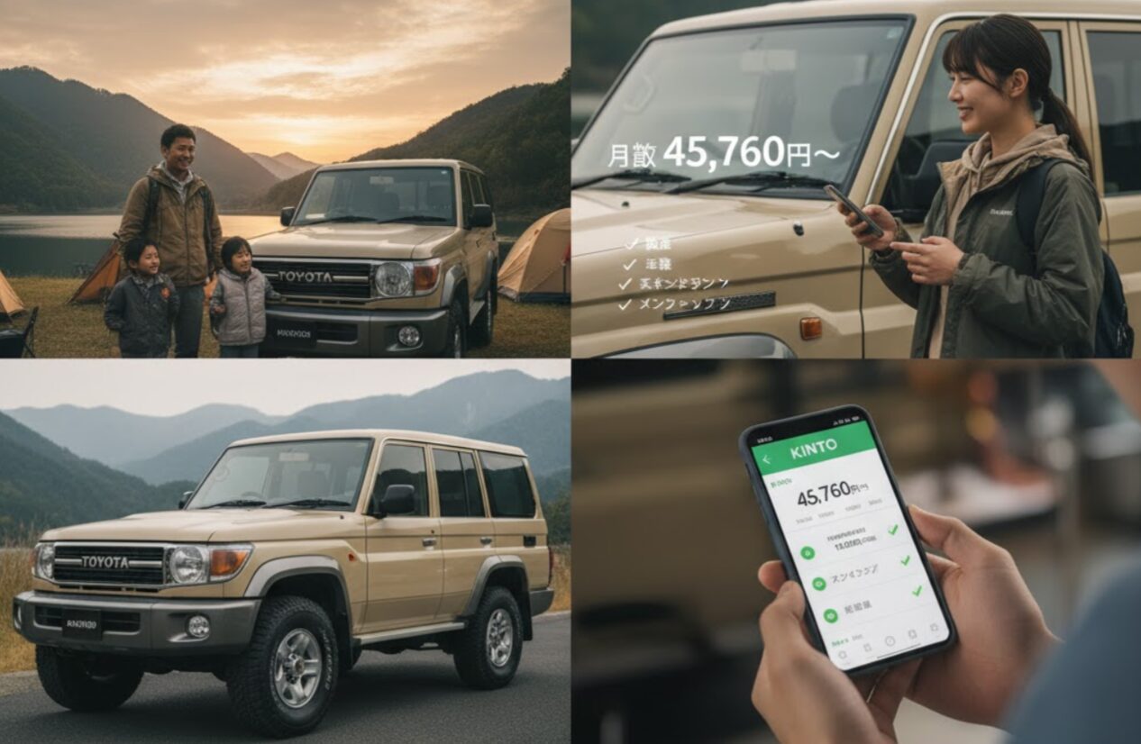 ランドクルーザー70に乗る日本の家族と、KINTOの月額料金プランを示すスマートフォンの画面。サブスクリプションの利便性を強調。