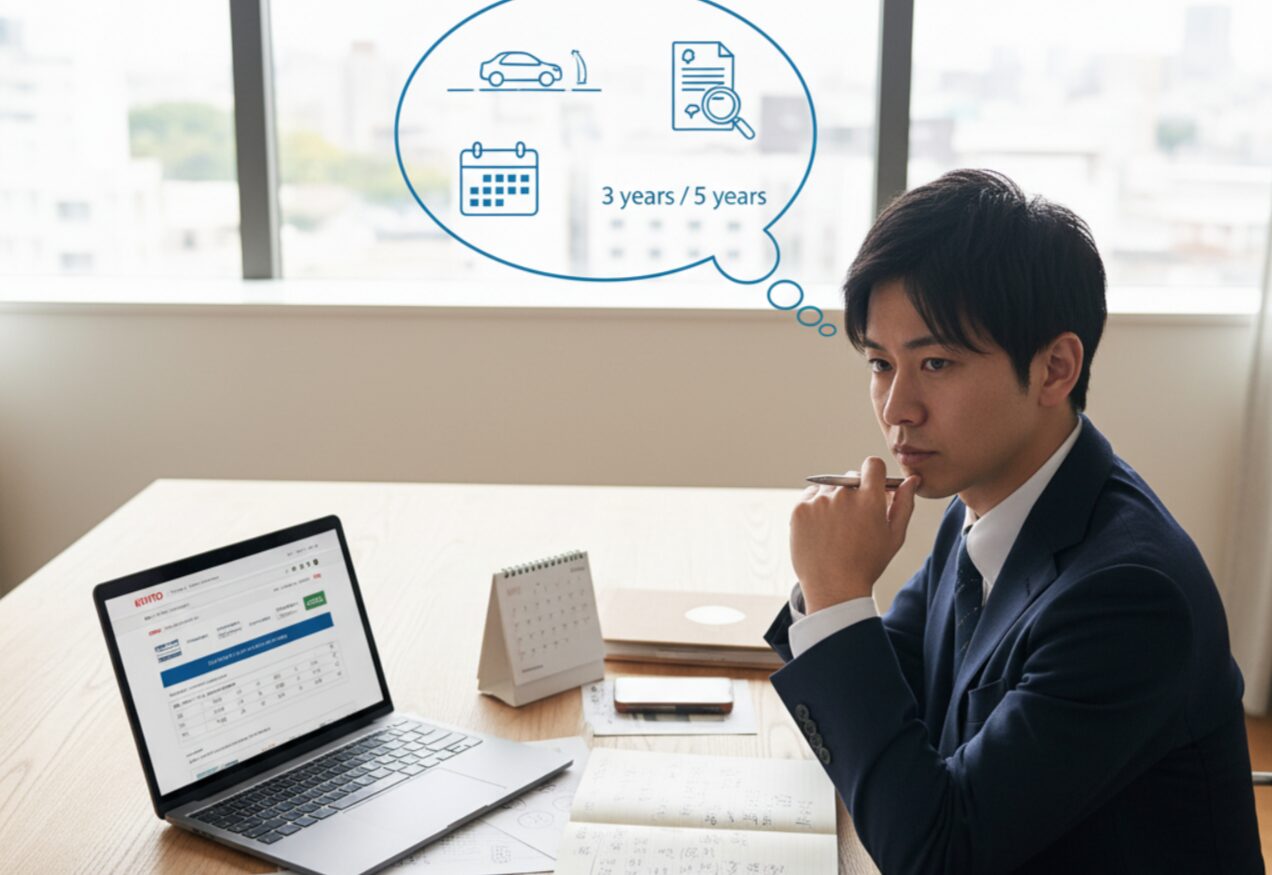 デスクに座り、パソコンとノートを使って車のサブスクリプションサービスの契約内容を慎重に比較検討している日本人男性。様々な資料やグラフが広げられ、サービスのメリットとデメリットを注意深く分析している様子が描かれている。
