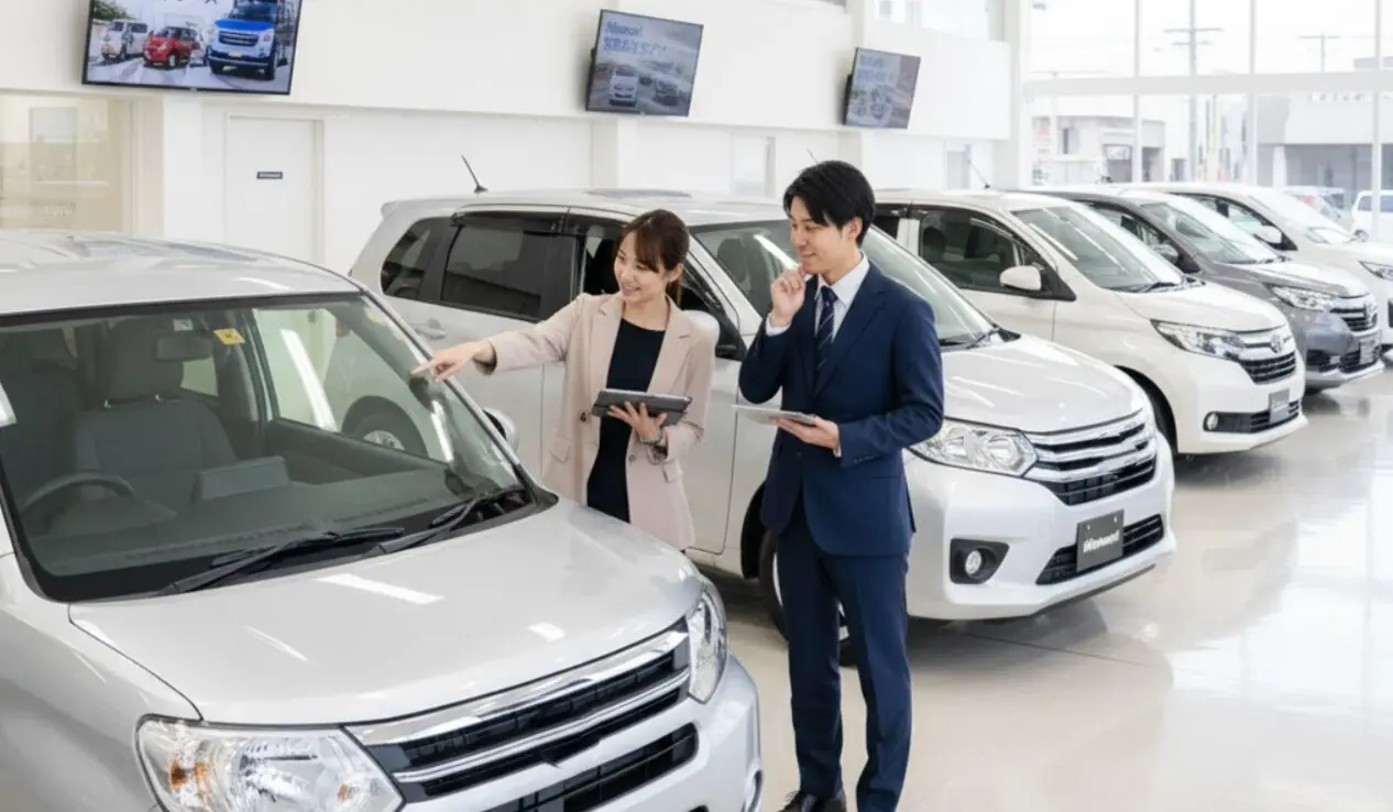 ニコノリの中古車店舗で、日本人男性客が女性スタッフから中古車の説明を受けている。多くのきれいな中古車が並んでいる。