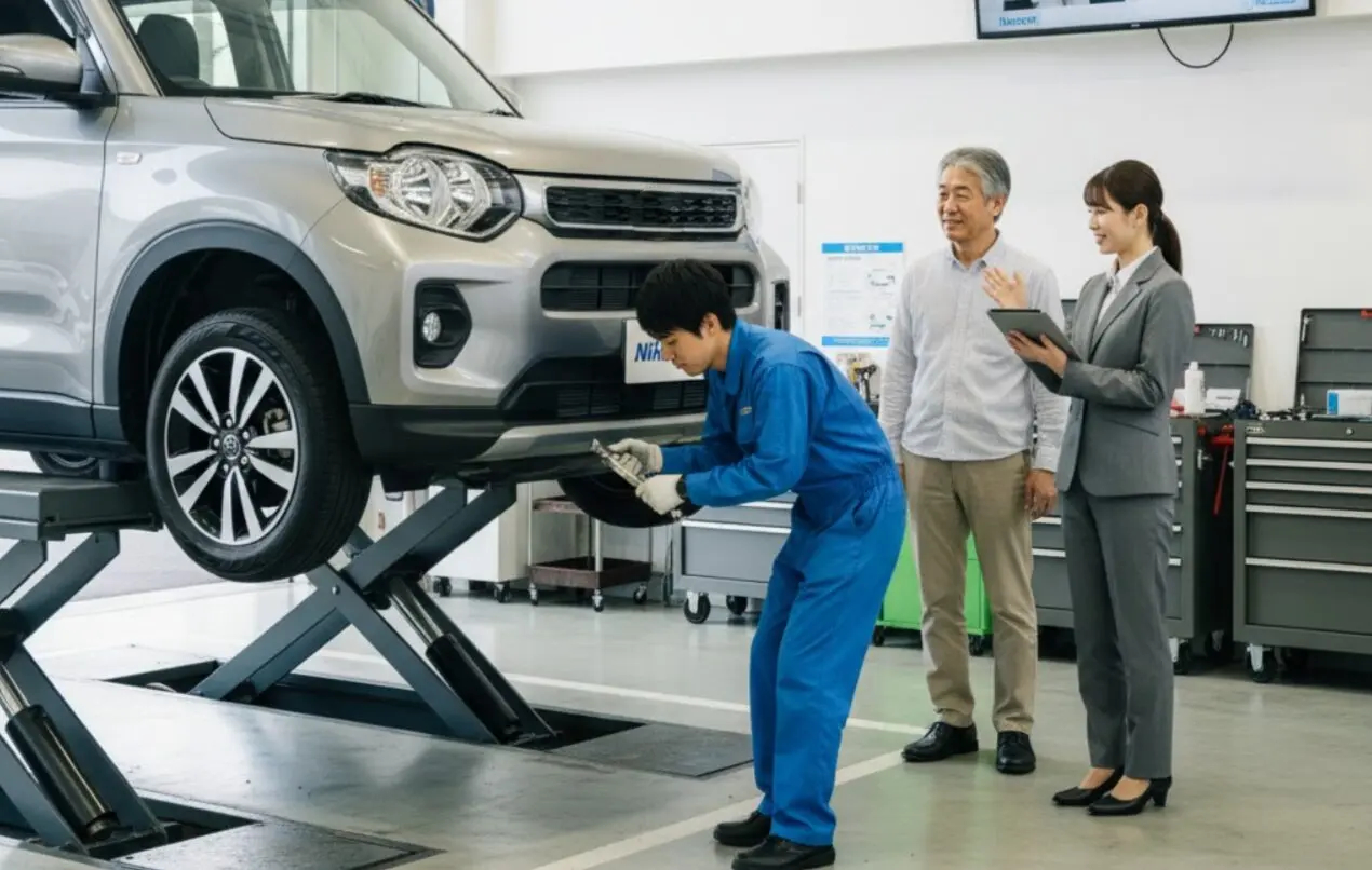 ニコノリの整備工場で、日本人整備士がリフトアップされた車の点検を行い、顧客と女性スタッフがその様子を見守っている。
