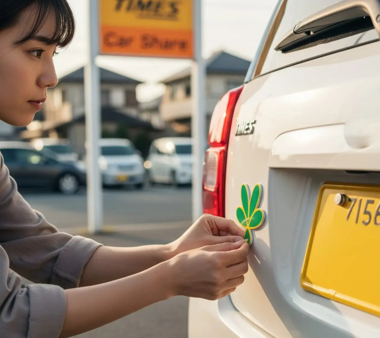 車のリアボディにマグネット式の初心者マークを貼り付けている手のクローズアップ。