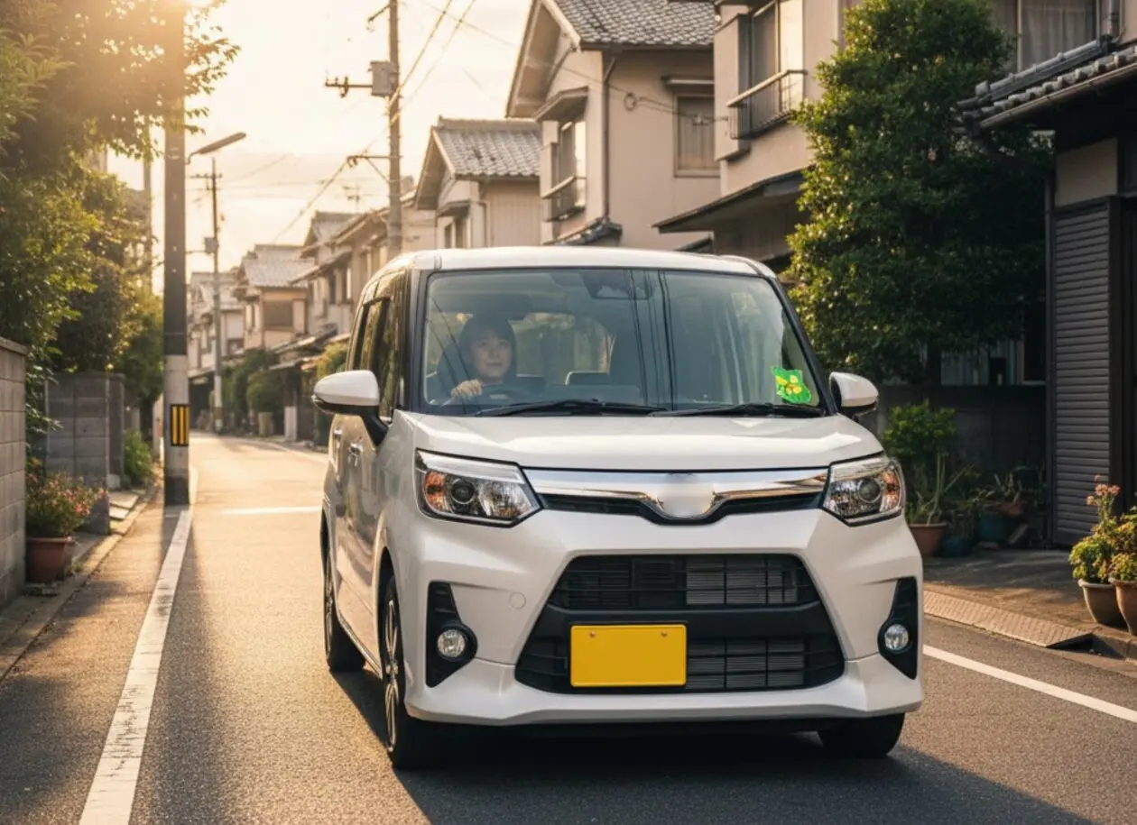 視界が良く運転しやすいコンパクトカー（ハイトワゴンタイプ）が日本の街中を走行している様子。