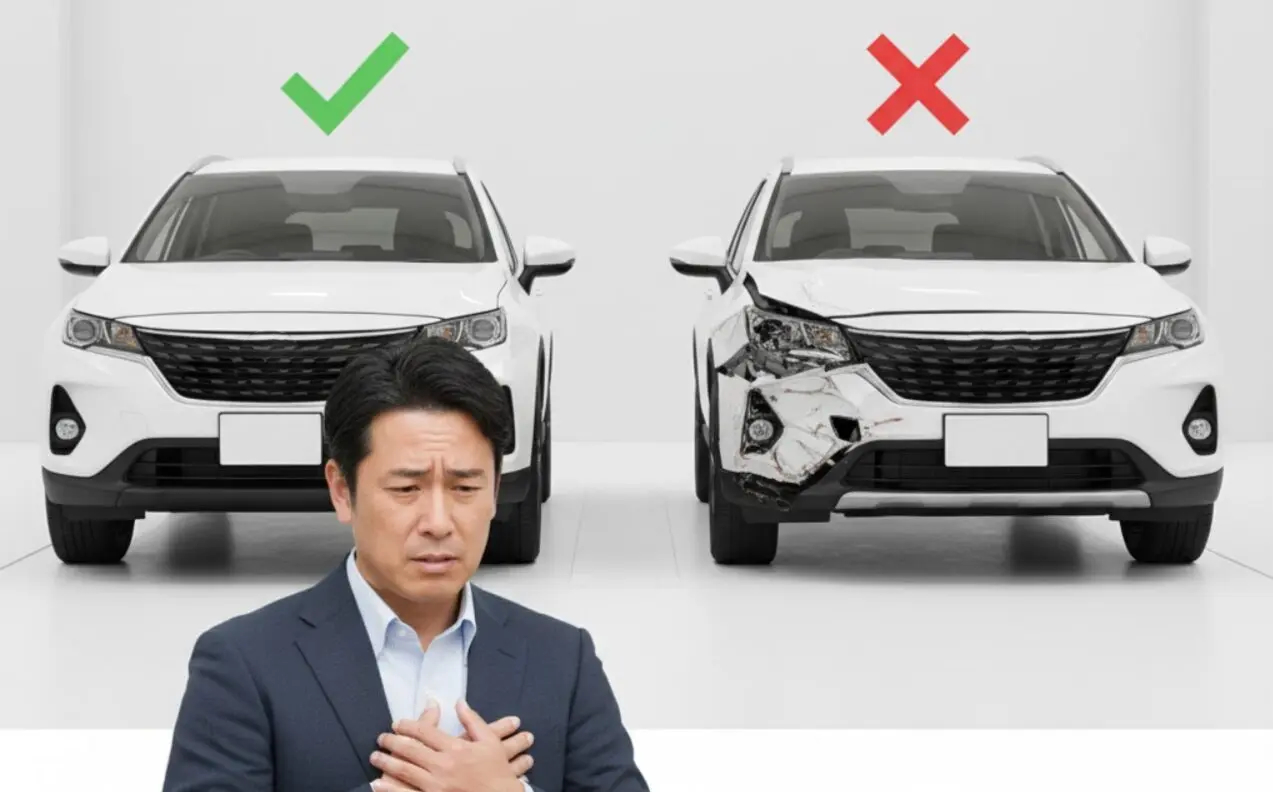 カーリース「エンキロ」のオープンエンド契約における残価精算リスクを視覚的に説明する日本人男性。男性の前にはきれいな状態の車と、目立つ傷や凹みがある損傷した車が並んでおり、車の状態によって生じる追加支払いの不安が男性の表情に表れている。