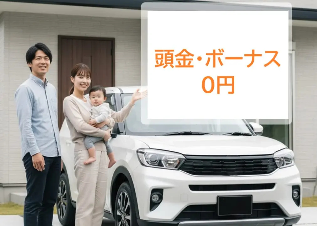 新しいカーリース「エンキロ」の初期費用無料という大きなメリットを示す日本人家族。笑顔の夫婦が赤ん坊を抱え、新車の前で立っている。画像には「初期費用0円、頭金なし」というテキストが重ねられ、スマートフォンのアプリ画面で低い月額料金が表示されている。