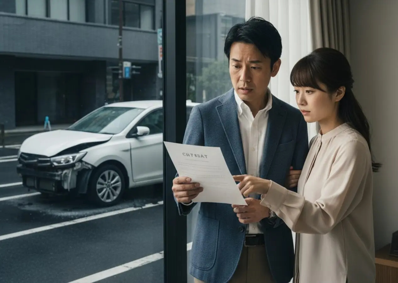 カーリース特有の中途解約リスクに備えることの重要性を表現する日本人夫婦。夫が重要な契約書類を広げ、妻が不安そうにその肩に手を置いている。背景には修理が必要な状態の車がぼかしで示されており、専用保険による安心感が伝わるように、対比構造で描かれている。