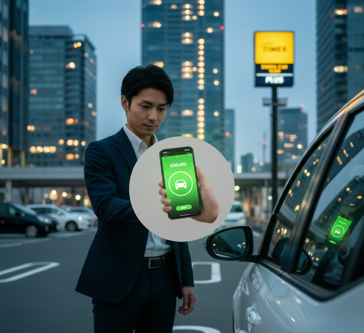タイムズカーシェアの駐車場で、借りた車のドアの目の前に立ってスマートフォンをかざし、アプリで解錠操作を行っている日本人男性。