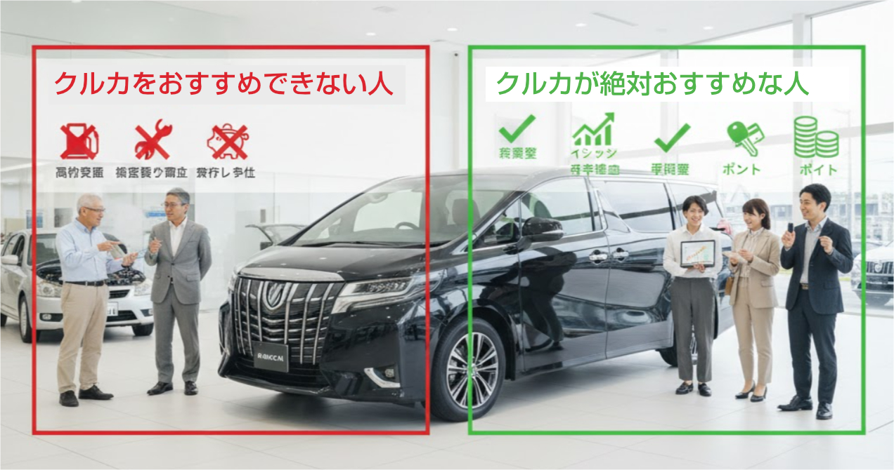 自動車ショールームに置かれた高級ミニバンを中心に、赤と緑の枠で囲まれた2つのグループの日本人を描写。赤枠内はクルカをおすすめしない人で、車の近くで話している2人の男性。緑枠内はクルカがおすすめな人で、車から少し離れた場所でタブレットを持つ女性や、ガッツポーズをする男性を含む3人が立っている。