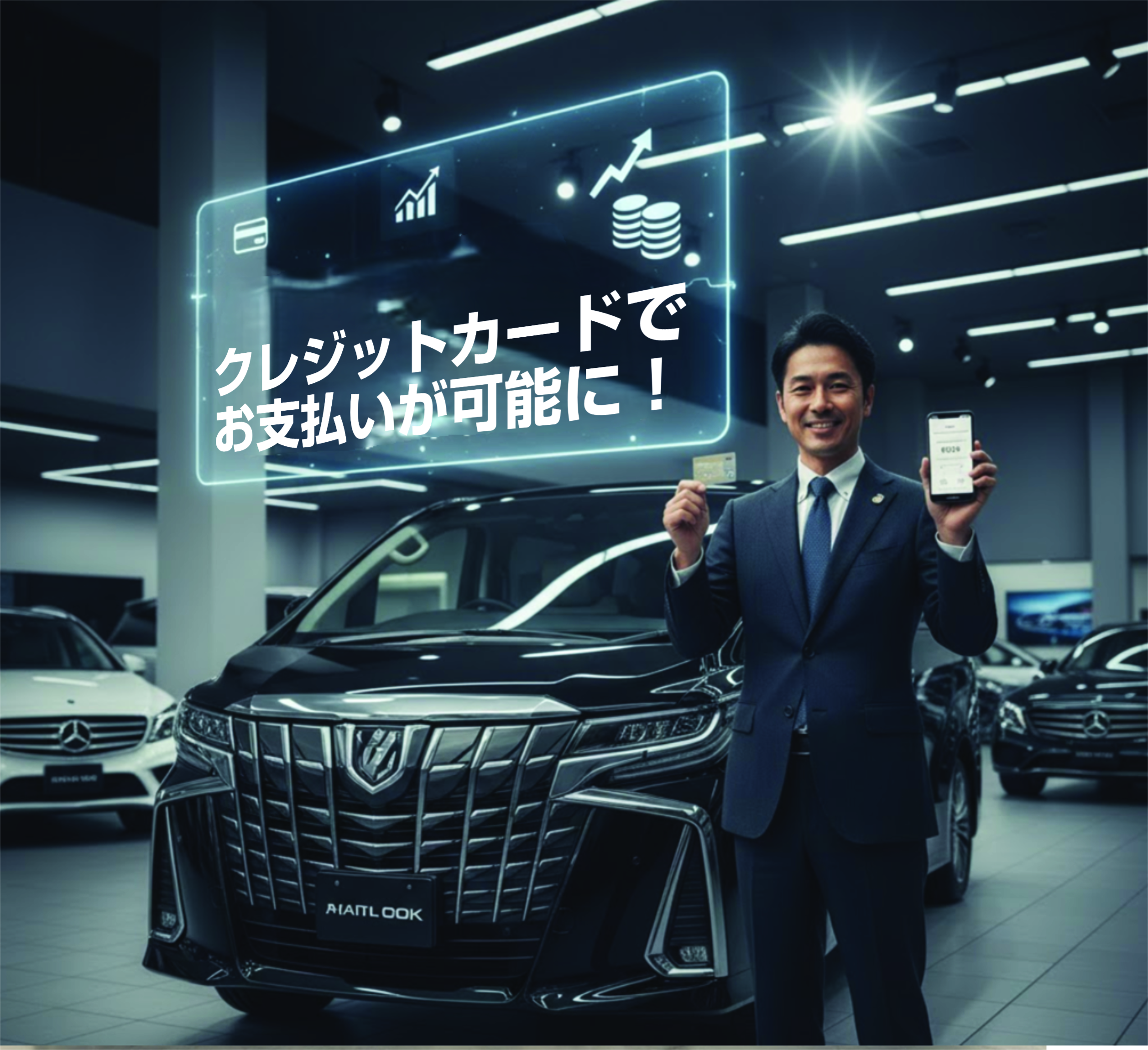 自動車ショールームで、高級ミニバン(アルファードのような車)の前に立つ、スーツ姿の笑顔の日本人男性。男性は右手にクレジットカードを、左手にスマートフォンを持っている。上部には「カード払いOK」「月々55,000円 → 3年で19,800ポイントGET!」と書かれた透明な表示板が浮かんでいる。